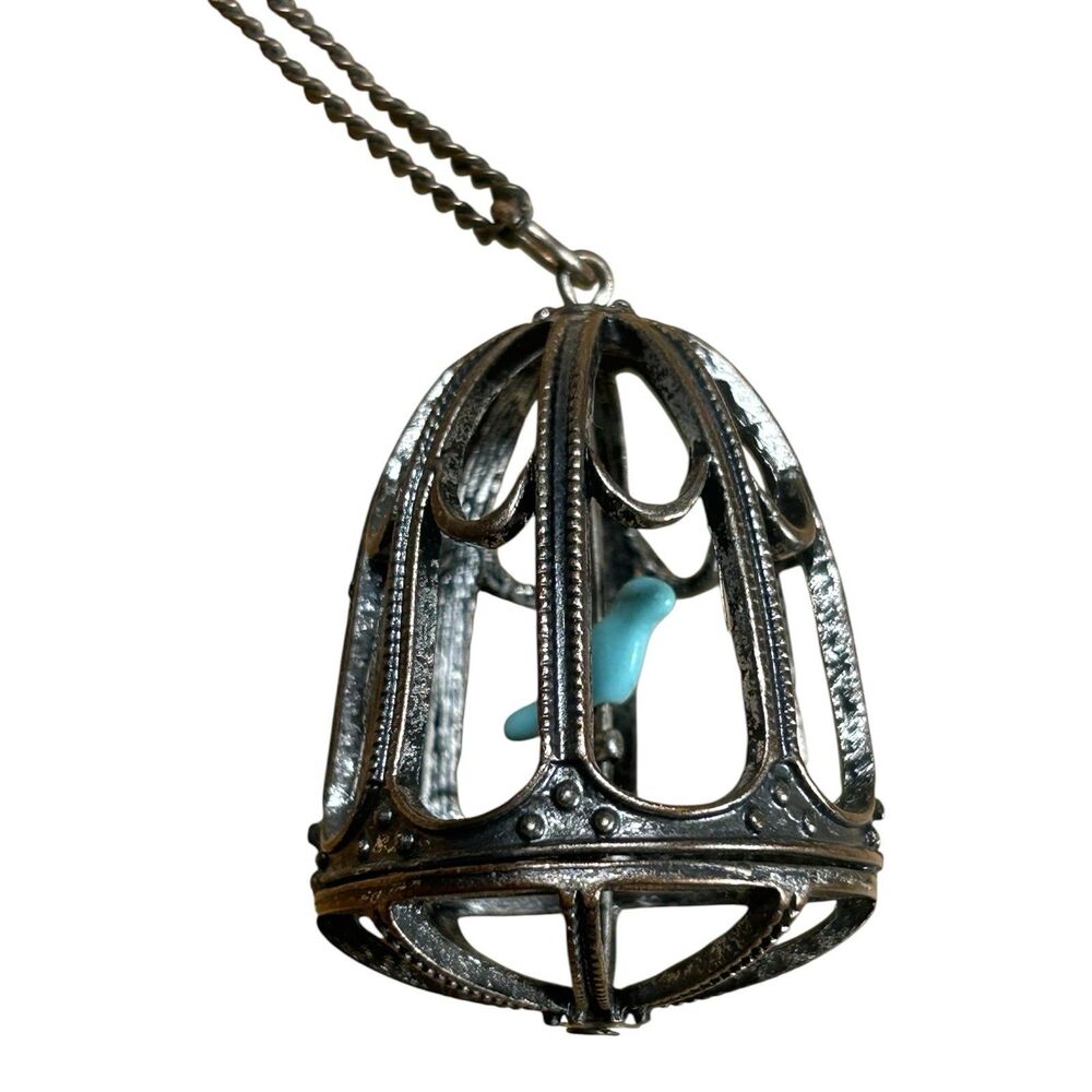 Vintage Bird in a Cage Pendant Necklace Silver-Tone Turquoise 33 Inch